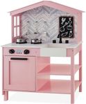 Best Choice Products Farmhouse Play Kitchen Toy, Wooden Pretend Set for Kids w/Chalkboard, Marble Backdrop, Windows, Storage Shelves, 5 Accessories Included - Beveled Pink