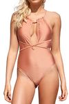 SHEKINI Women's Deep V-Neck One Piece Bathing Suit Backless Crossback String Swimsuit, Rose Gold, XL