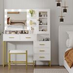 GarveeHome Large Makeup Vanity and Stool, Vanity Desk with Mirror and Lights, Makeup Table with Charging Station, Vanity Table with Drawers and LED Bulbs, White