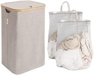 StorageWorks Large Laundry Hamper with Lid, 100L Tall Laundry Basket with Bamboo Handles and 2 Removable Inner Bag, Collapsible Laundry Hamper for Clothing, Toys, Towels, Brown and Beige, 1-Pack