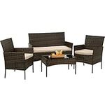 BestOffice Patio Furniture 4 Pieces Outdoor Indoor Use Rattan Chairs Wicker Patio Loveseats Conversation Sets with Table and Beige Cushions for Backyard Lawn Porch Garden Balcony,Brown