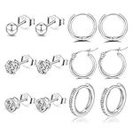 S925 Sterling Silver Stud Earrings, Silver Hoops Earrings for Women with Silver Stud Earrings Set 4/6/8 Pairs Small Cartilage Huggie Earring Star Moon Ball Heart CZ Studs