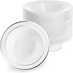 MATANA 25 Premium White Plastic Bowls with Silver Rim, 360ml - Sturdy & Reusable - Soup Bowls, Dessert Bowls for Weddings, Birthdays, Picnic, Buffet, Catering, Parties
