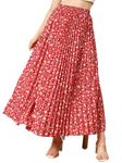 OTABU | Fashionable Floral Print Pleated | Maxi Length Long Skirt | Chic and Versatile | Comfortable Elastic Waistband for Women Red