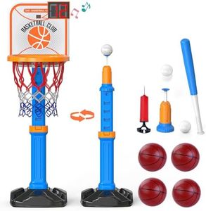 Sotodik 2 in 1 Kids Basketball Hoop and T Ball Set - Electronic Scoreboard，Height Adjustable,Kids Baseball Tee with Automatic Pitching Machine, Indoor Outdoor Sport Toys Gifts for Toddler Age 3 4 5 6