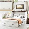 Queen Murphy Bed with Storage & Charging Station, Farmhouse Murphy Cabinet Bed with Large Drawer, Hideaway Foldable Platform Bed for for Guest Room, Bedroom, Home Office, Mattress Not Included, White