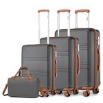 Kono Luggage Sets of 4 Piece Lightweight ABS Hard Shell Cabin/Medium/Large Suitcase with TSA Combination Lock + Ryanair 40x20x25cm Cabin Bag (Grey/Brown, 4 Piece Set)