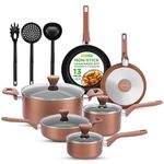 NutriChef 13 Pcs. Nonstick Kitchen Cookware PTFE/PFOA/PFOS-Free Heat Resistant Kitchenware Set w/Saucepan, Frying Pans, Cooking Pots, Casserole, Lids, & Utensils, Brown NCCWA13BR