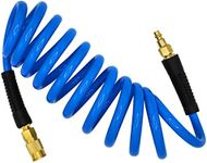 YOTOO Polyurethane Recoil Air Hose 3/8" Inner Diameter by 10' Long with Bend Restrictor, Repairable 1/4" Industrial Quick Coupler and Plug, Blue