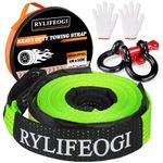 RYLIFEOGI Towing Strap 10 Ton (22,000Lbs), 5mx5cm Heavy Duty Recovery Tow Rope with 2 Shackles 2 Gloves for Off-Road, Vehicles (Green)