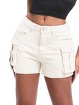 ELLEVEN Women's High-Stretch Cargo Shorts, Y2K Mini, High Waisted, Slim-Fitted Jean Shorts with Pockets, White, M