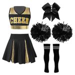 FEESHOW Girls Shiny Cheer Leader Costume Uniform Cheerleading Dance Dress Halloween Party Complete Outfits with Pompoms A Black&White 9-10 Years