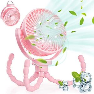 Hianjoo Stroller Fan with LED Light, 5200 mAh Desk Fan Silent Camping Fans with Hook 360° Rotation Flexible Portable Rechargeable Electric Powerful Cooling Fan for Office/Camping/Car/BBQ/Gym, Pink