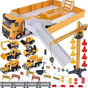 Véhicule Chantier Jouet Enfants avec Camion de Construction Grue à Tour Excavatrice Rouleau compresseur Bulldozer Bétonnière Véhicules de Construction Grand Camion Cadeau pour Enfant Garçon 3 4 5 6 7