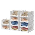 VERAT 10 Pieces Plastic Stackable Storage Basket Closet Storage Drawers Stackable Closet Storage Bins Foldable Wardrobe Storage Boxes Plastic For Wardrobe White Large, 44.5 X 33.5 X 14.5 Cm