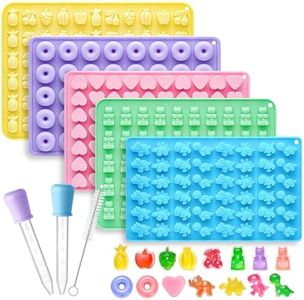 Silicone Gummy Molds Set of 5, Non-stick Candy Chocolate Molds with 2 Droppers 1 Clean Brush, Includes Dinosaur Bear Donut Fruit Heart Shape