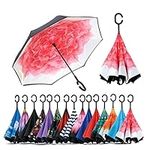 NNY Inc Double Layer Inverted Umbrella Cars Reverse Open Folding Umbrellas, Windproof UV Protection Large Self Stand Upside Down Straight Umbrella for Golf Women and Men with C-Shaped (Pink Peony)