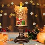 Snow Globe Lantern - Santa Claus Scene Flameless Candle 26x10cm - Lighted Water Filled Swirling Glitter Lantern with Bronze Pedestal Base for Christmas Centre Table Decoration