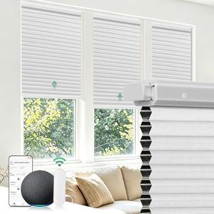 Allesin No Drill Motorized Cellular Shades Quiet Motor Smart Honeycomb Blinds with App and Voice Control Rechargeable Solar Option Aluminum Rails(48" W x 64" H, 100% Blackout Silver White)