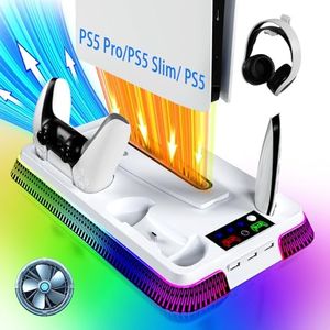 PS5/Slim/Pro Stand and Cooling Station with LED Controller Charging Station for PlayStation 5 Console,Accessories Incl.Controller Charger,PS5 Cooling Fan,Headset Holder,3 USB Hub(Upgraded)