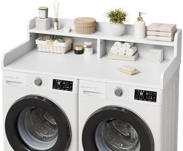 GarveeHome 54" Washer Dryer Countertop with 2-Tier Shelf & 2 Drawers， Wooden Laundry Countertop with Non-Slip Pad and Guard Rails Washer and Dryer Topper for Laundry Room Organization and Storage