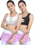 DChica Sports Bra for Girls, Cotton Non-Padded Full Coverage Beginners Non-Wired T-Shirt Gym Workout Bra with Regular Broad Strap, Printed Training Bra for Teenager Kids (Pack of 2) White and Black