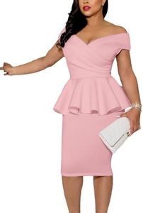 SEBOWEL Women Vintage Ruffle Peplum Bodycon Midi Dresses Pencil Office Work Dress Sexy Wrap V Neck Club Evening Party Dress, Ss-pink, Large