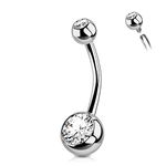 OUFER G23 Solid Titanium Belly Bars Balls 14G Internally Threaded 12 mm Long Navel Piercings Barbell Rings Double Clear CZ Gem 1.6mm No Dangle Belly Button Jewellery