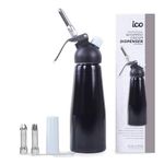 ICO Professional Aluminum Whipped Cream Dispenser 1-Pint for Homemade Whipping Cream with 3 Stainless Steel Decorating Nozzles & Cleaning Brush, for Desserts, Dips, Sauces, and Infused Liquors -Black