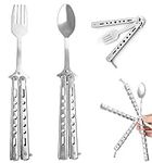 2 Pcs Butterfly Fork and Spoon Set, Stainless Tactical Butterfly Forks Spoon, Folding Butterfly Fork with Butterfly Metal Training Tool for Travel Camping Hunting BBQ Kitchen Outdoor