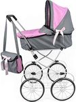 Bibi Doll - Dolls Pushchair Stroller Cambridge Pram Vintage Doll Buggy with Storage Basket & Carry Bag For Girls And Boys, Age 3 to 10 Years (Pink)