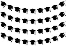 KatchOn Graduation Hat Decorations Garland - Assembled - Black Graduation Party Supplies 2019 - Graduation Party Decorations - Cute and Unique for Table, Mantle | 2 Strands | No DIY | Felt Banner