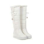 Women's Winter Warm Knee High Down Snow Boots Waterproof Cross-Tied Hidden Wedges Platform Boots, White, 8.5