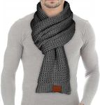 Loowoko Men's Women's Classic Waffle Knitted Scarf, Winter Scarf, Warm Plush Scarf, Long Scarf with Genuine Leather Finish, Gift for Men and Fathers,Dark Grey