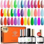 Modelones 24 Pcs Gel Nail Polish Kit, Summer Rainbow Color Gel Polish 7ML Soak Off Pastel Glitter Nail Gel with Glitter Glossy& Matte Top Base Coat Home DIY Nail Manicure Gift for Women