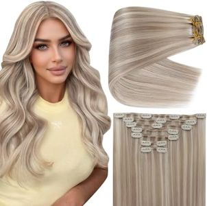 Full Shine Human Hair Clip in Extensions Ash Blonde Highlighted Platinum Blonde, Extra Thick Long Clip in Hair Extensions, 24 Inch 7 Pcs 220g