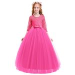 IWEMEK Flower Girls 3/4 Sleeve Floral Lace Tulle First Communion Pageant Dresses Kids Big Girls Princess Birthday Carnival Christmas Bridesmaid Wedding Party Prom Ball Gown Hot Pink 9-10 Years