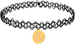 BodyJ4You Tattoo Choker Necklace - 90s Choker Necklace Women - 2000s Black Chokers - Smiley Face Happy Yellow Pink Charm Pendant - Vintage Emo Stretchy Elastic Necklace