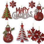 BANBERRY DESIGNS Silver, Red and Green Glitter Ornaments - Set of 13 Glittered Christmas Ornaments - Snowmen, Merry Christmas, Xmas Tree and Snowflakes Included - Christmas Decorations