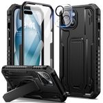 seacosmo for iPhone 15 Phone Case with Kickstand Shockproof Military Grade Protective Cover [Built-in Tempered Glass Screen Protector + Camera Lens Protector] Dual Layer Full Protection - Black