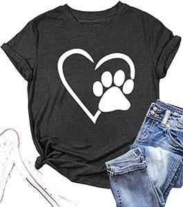 Paw Love Shirt Dog Lover Shirts for Women Paw Print Heart Tee Shirt Cute Dog Mom Short Sleeve Tee Tops, Dark Gray, Medium