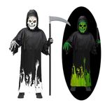 Boys Grim Reaper Costume For Kids Halloween Costume Girls Luminous Scary Cosplay Robe + Gloves + Scythe Outfits (Black, 6-7T)