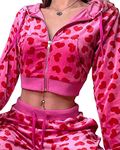 Women Pink Heart Print Zip Up Y2K Velvet Crop Hoodies Long Sleeve Kawaii Cropped Sweatshirts Cute Autumn Winter Pants Clothes Set (Red TOP, Medium)