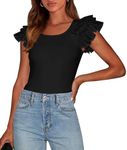 PRETTYGARDEN Women's Ruffle Short Sleeve Shirts 2025 Summer Casual Basic Tee Cute Fitted Crew Neck Fashion Tops Clothes (Black,Small)