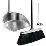 Broom and Dustpan Set for Home, Broom and Dustpan with Long Handle, Curved Dustpan and Broom, Upright Broom with Stainless Steel Dustpan Combo Set for Sweeping Kitchen Room Office Lobby Floor, Black