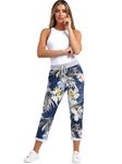 STAR FASHION Women's Italian Elastic Waist Active Yoga Floral Printed Jogging Pants Turn Up Ladies Casual Jogger Hoop Trouser | Tropical Leaf | 12-14