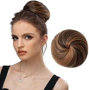 SARLA Drawstring Hair Bun Extension Dark Brown/Golden Synthetic Fake Ballet Bun Hair Piece for Women Girls Lady Updo Donut Chignon