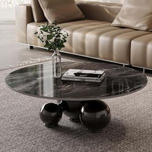 Modern Round Marble Coffee Table, 39.4 Inch Black Marble-Look Top with Black Ball Base, Center Table for Living Room, Office, Reception Room (Black)