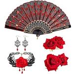 DRESHOW Rose Flower Hair Clip Embroidered Folding Fan Earrings Set Hair Accessories for Women Flamenco Dancer