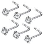 JOYMORE 20g 3.0mm Clear CZ 6pcs 316L Surgical Steel Nose Ring Studs L Shaped Nose Studs for Women L-Shape 20 gauge Stainless Steel Nostrial Piercing Nose Rings